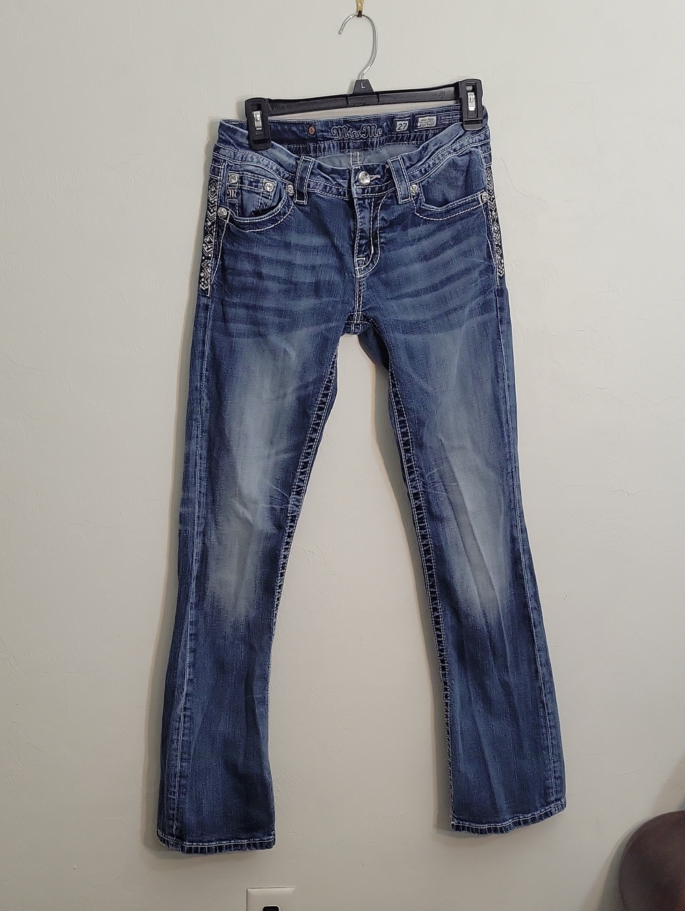 Miss Me Women's Medium Blue Mid-Rise Boot Cut Jeans with Side Embellishment